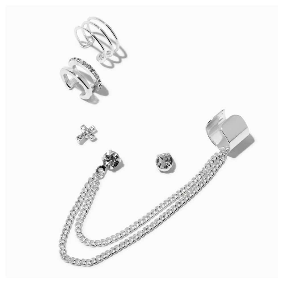 New in‎ Package Silver-tone Cross Chain Ear Cuff Connector Stack Earrings